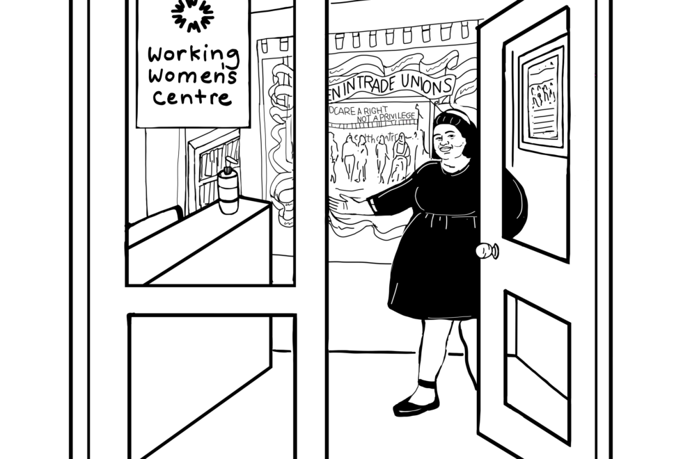 illustration of women in the door of the working women's centre with a welcoming gesture