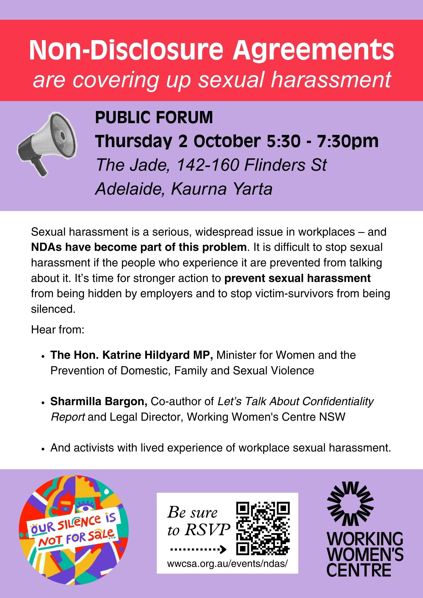 Flyer for a public forum on non-disclosure agreements covering up sexual harassment. Event on Thursday 2 October, 5:30–7:30 pm at The Jade, Adelaide, Kaurna Yarta. Speakers include Katrine Hildyard MP, Sharmilla Bargon, and activists with lived experience. Hosted by Working Women’s Centre. RSVP link and QR code included.