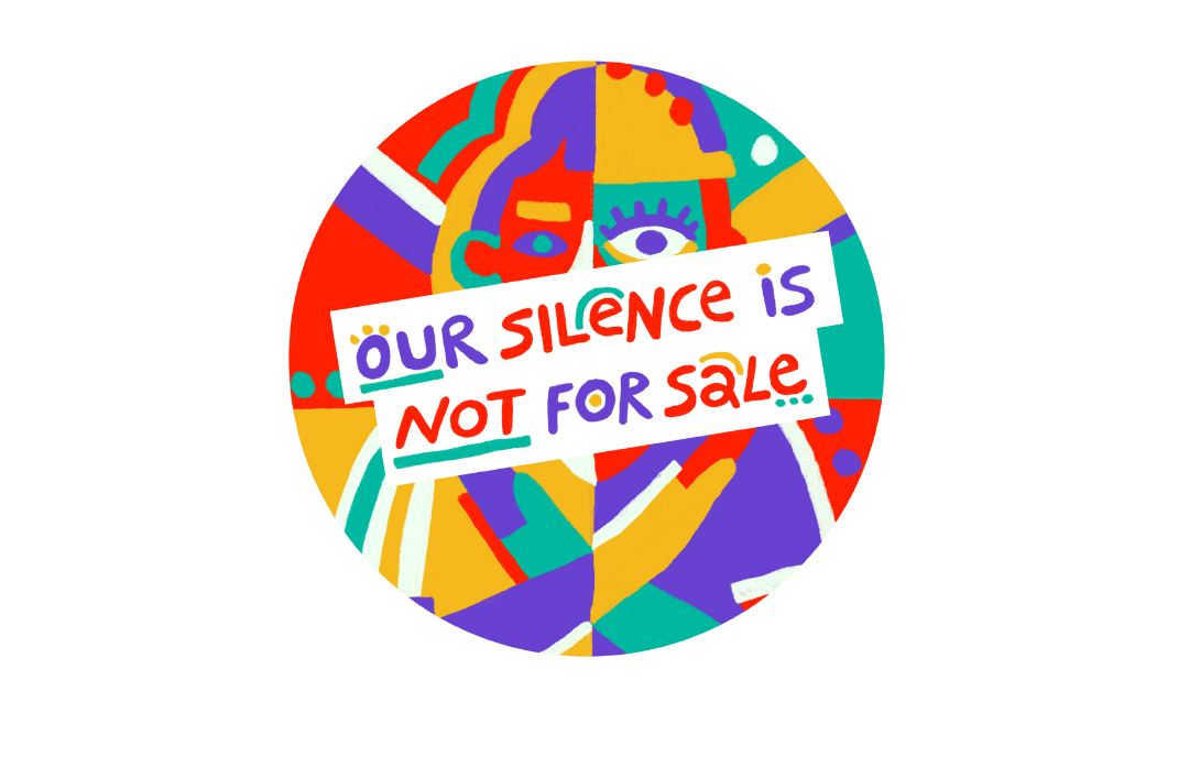 A colourful circular illustration featuring a stylised face with one large eye visible. Overlapping the image is a bold sign that reads: 