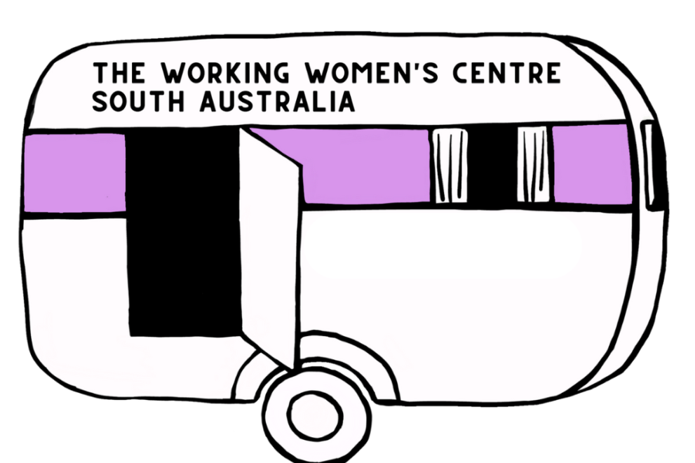 Illustration of a purple and white caravan with an open door, featuring the text “The Working Women’s Centre South Australia” at the top. The background is black, and the caravan has black and purple window details.