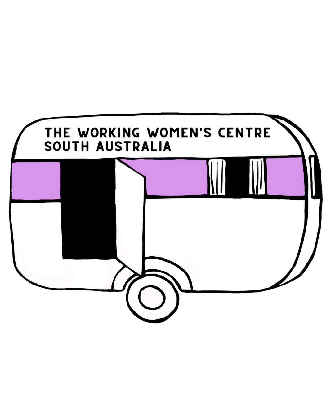 Illustration of a purple and white caravan with an open door, featuring the text “The Working Women’s Centre South Australia” at the top. The background is black, and the caravan has black and purple window details.