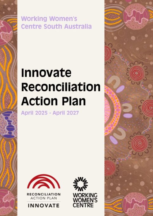 The design features bold black and lavender text on a cream background, flanked by vibrant Aboriginal artwork with earthy tones and cultural symbols. Logos for the Reconciliation Action Plan (Innovate) and the Working Women’s Centre appear at the bottom.