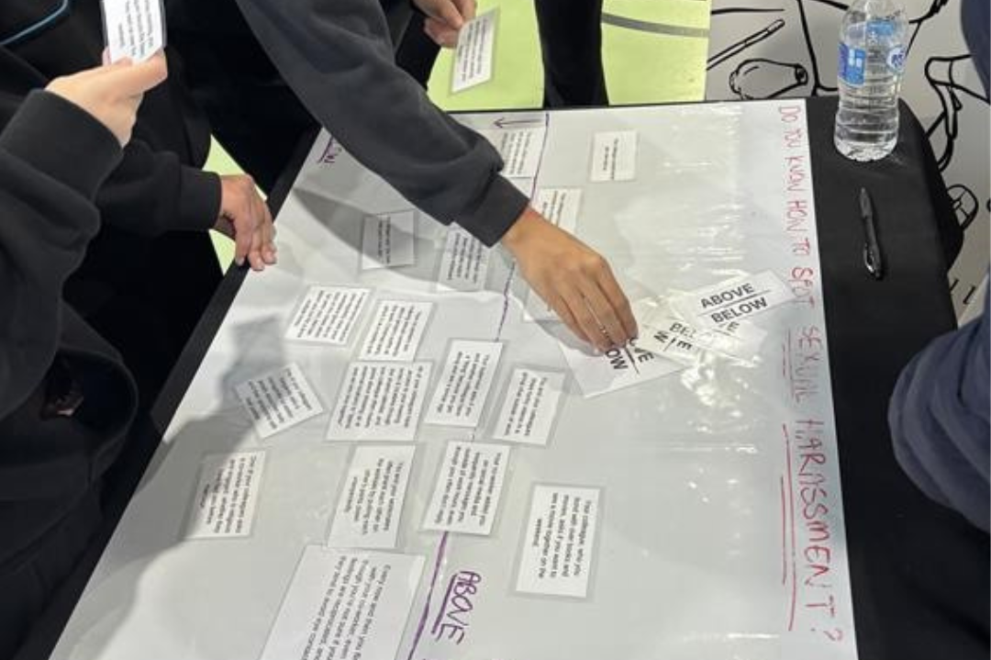 Several people participating in an interactive activity at a table, sorting cards with scenarios related to sexual harassment on a board marked 'Above' and 'Below the line.' The table also displays informational flyers and resources from the Working Women’s Centre SA.