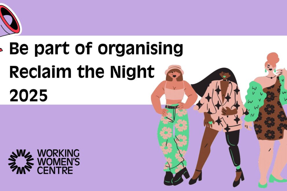 Illustration of three diverse women standing together on a purple background with a megaphone icon. Text reads: 'Be part of organising Reclaim the Night 2025.' Logo of Working Women’s Centre appears in the bottom left corner.