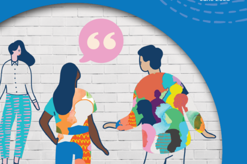 Cover of the Australian Human Rights Commission’s report titled “Speaking from Experience: What needs to change to address workplace sexual harassment”, dated June 2025. The design shows illustrated figures of diverse people wearing colourful, patterned clothing, standing in front of a white brick wall with a large speech bubble icon. The AHRC logo and website (humanrights.gov.au) appear on the cover.