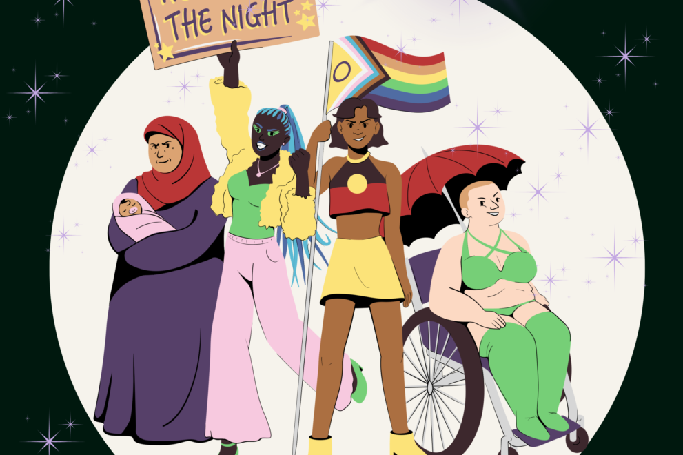 Illustration of four diverse figures standing together in front of a glowing full moon with stars in the background. From left to right: a woman in a red hijab holding a baby, a dark-skinned person with long blue braids wearing pink pants and a yellow jacket holding a “Reclaim the Night” sign, a person with brown skin in a red crop top and yellow skirt holding a Pride flag, and a person in a wheelchair wearing a green outfit and holding a red umbrella.