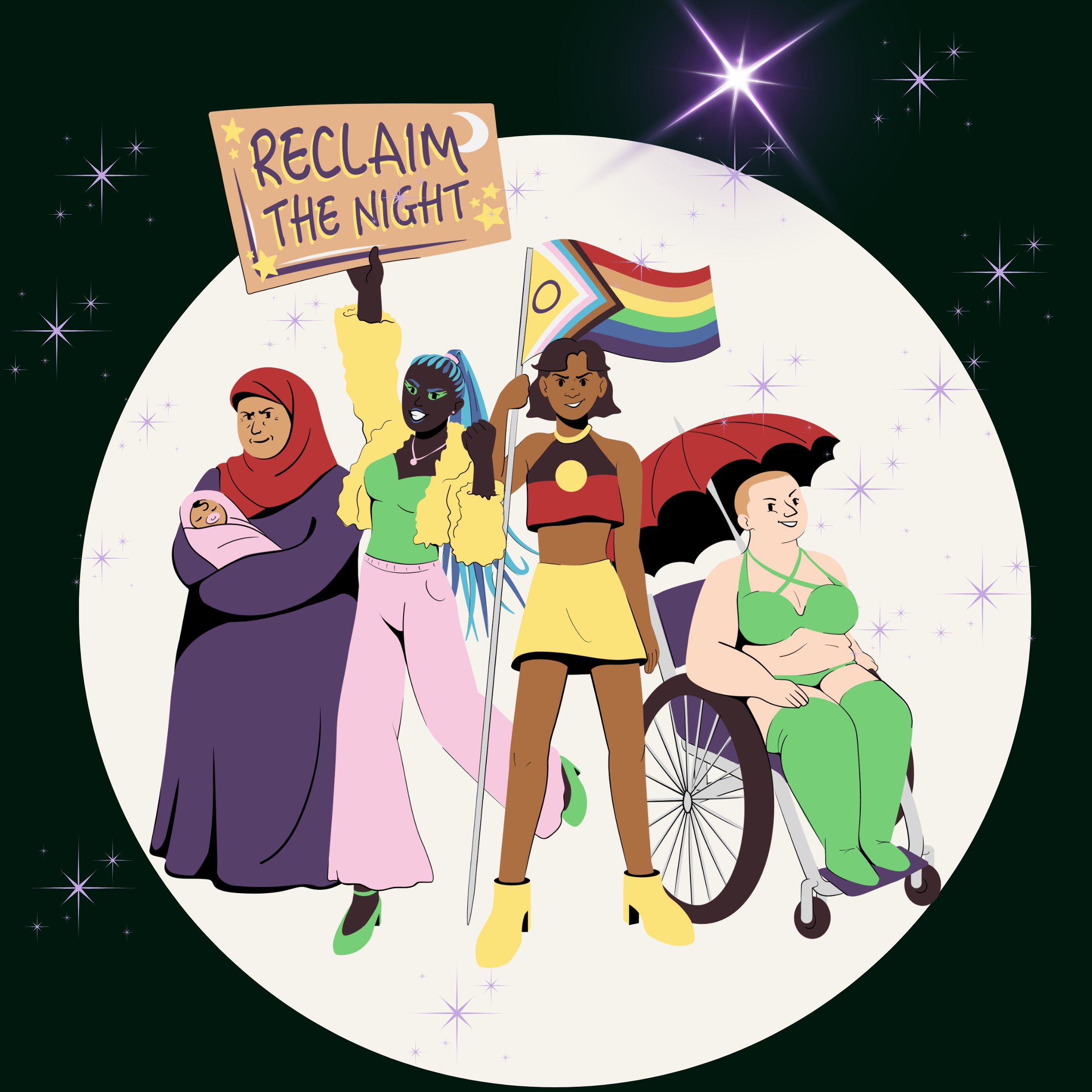 Illustration of four diverse figures standing together in front of a glowing full moon with stars in the background. From left to right: a woman in a red hijab holding a baby, a dark-skinned person with long blue braids wearing pink pants and a yellow jacket holding a “Reclaim the Night” sign, a person with brown skin in a red crop top and yellow skirt holding a Pride flag, and a person in a wheelchair wearing a green outfit and holding a red umbrella.