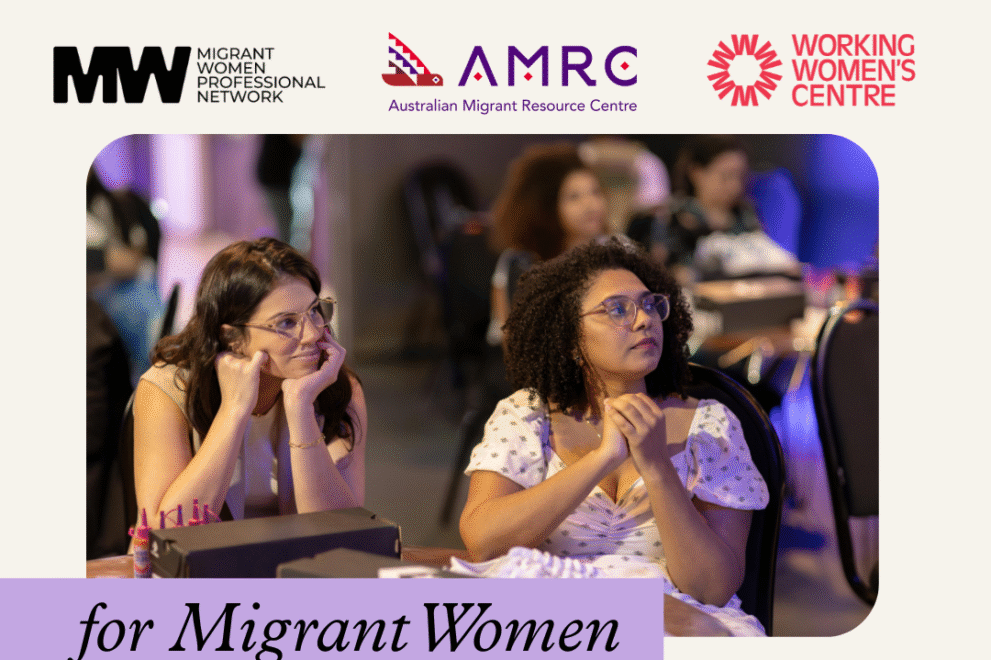A promotional image for a workshop titled “for Migrant Women.” At the top are the logos of the Migrant Women Professional Network, the Australian Migrant Resource Centre (AMRC), and the Working Women’s Centre. Below, two women sit attentively at a table during an event, both wearing glasses and looking engaged. The setting is warm and welcoming, with other participants blurred in the background.