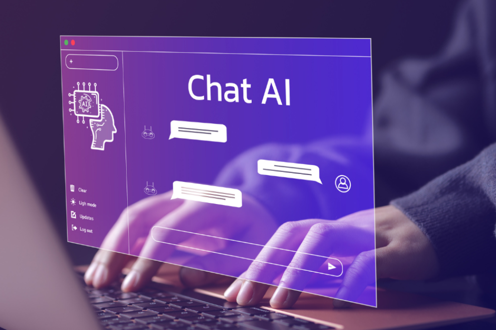 A person typing on a laptop with a transparent AI chat interface overlay labelled “Chat AI.”