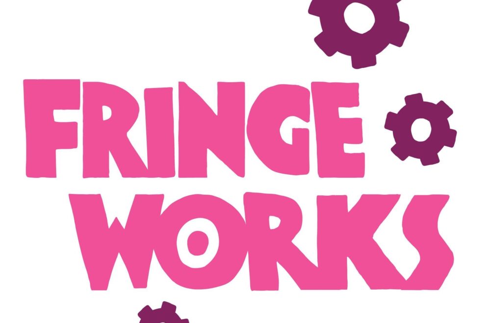 Pink “FRINGE WORKS” logo in bold lettering with small purple gear icons on a light background.