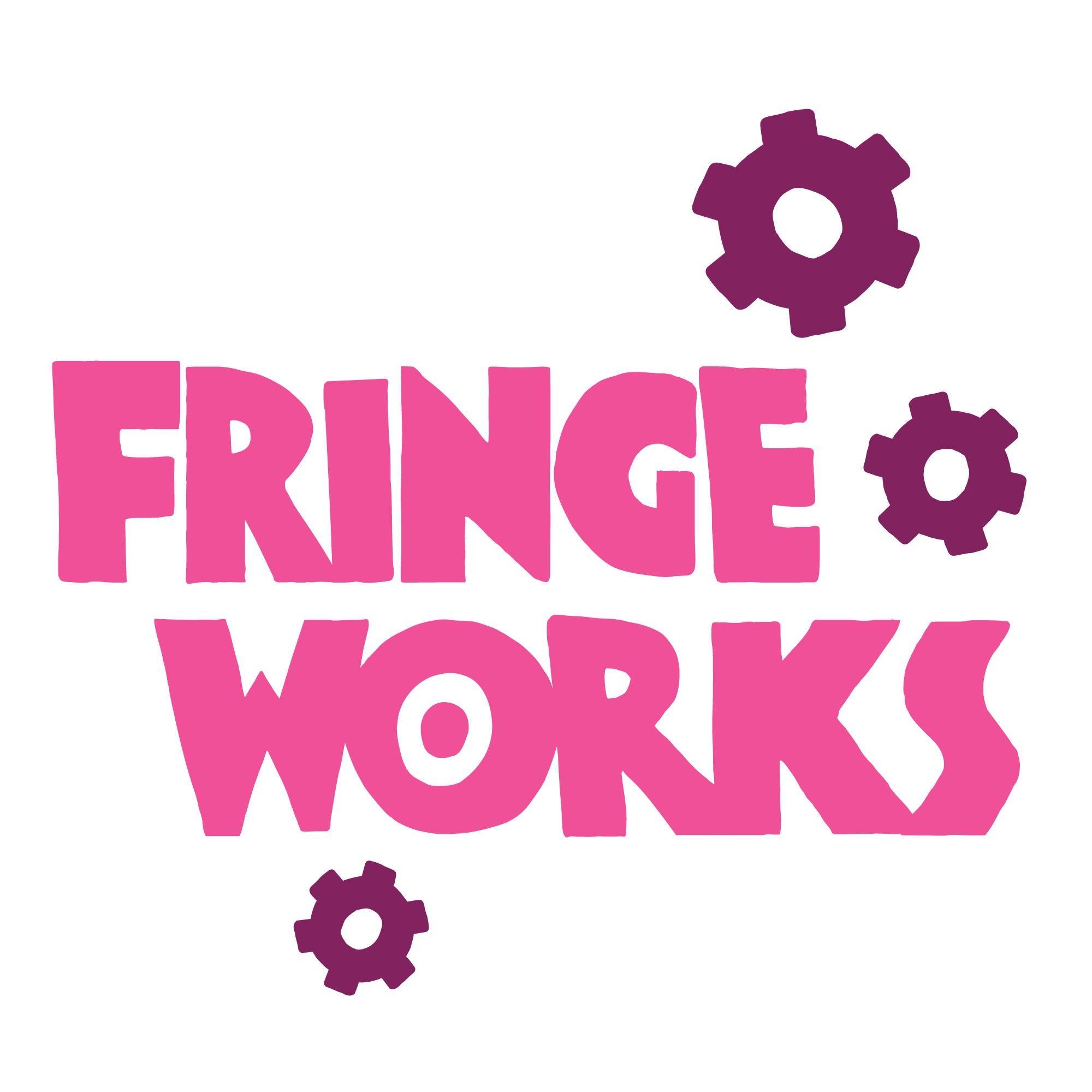 Pink “FRINGE WORKS” logo in bold lettering with small purple gear icons on a light background.