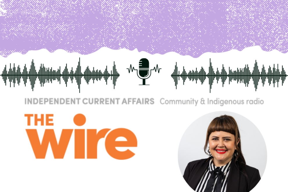 Graphic promoting The Wire radio program featuring the text “Independent Current Affairs – Community & Indigenous radio,” The Wire logo, audio waveforms and microphone icon, and a portrait of CEO Nikki Candy.