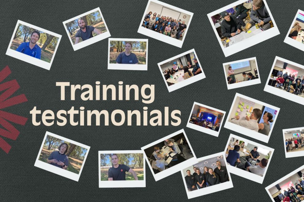 Graphic with the words “Training testimonials” on a dark textured background. Around the text are multiple polaroid-style photos showing people participating in workplace training sessions, group discussions, presentations, and team photos. Some images show individuals speaking on camera outdoors, while others show small groups collaborating at tables or standing together after workshops.