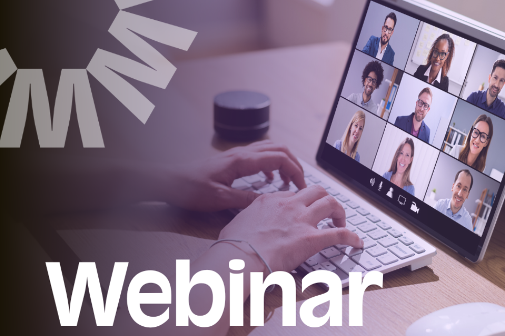 Close-up of hands typing on a keyboard beside a tablet showing a video call with multiple participants on screen, with a purple overlay and the word “Webinar” displayed.