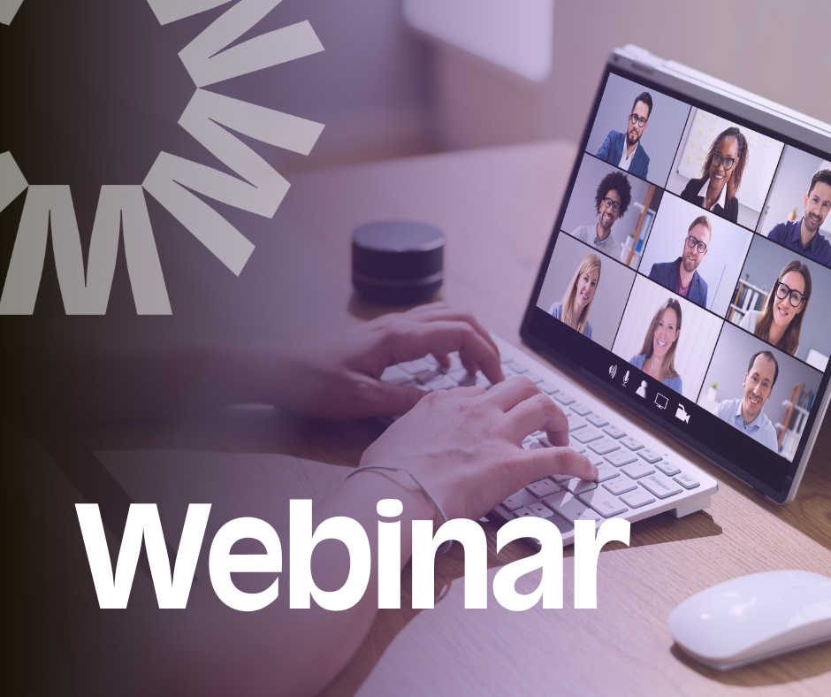 Close-up of hands typing on a keyboard beside a tablet showing a video call with multiple participants on screen, with a purple overlay and the word “Webinar” displayed.
