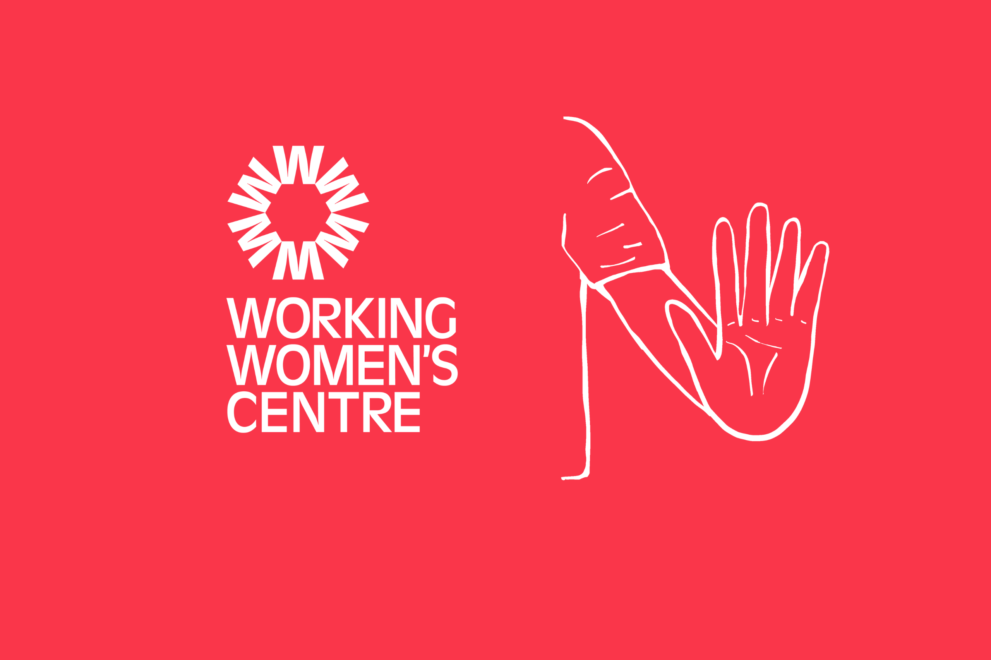 red background with a white Working Women's Centre logo and illustration of a hand making a stop gesture