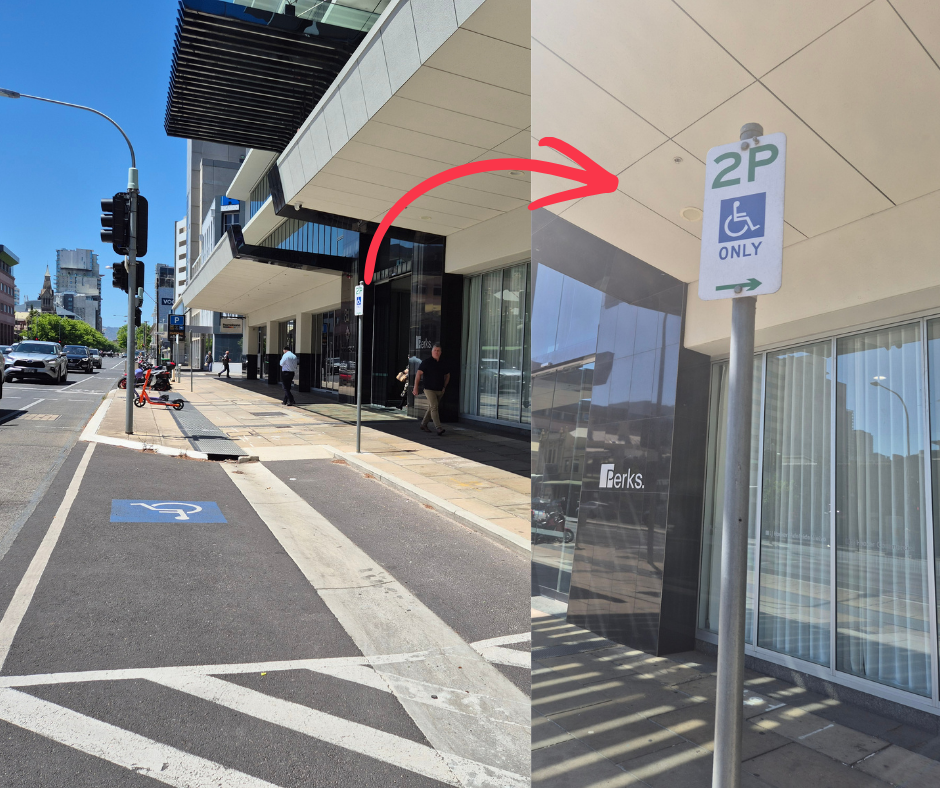 Side-by-side images showing accessible parking outside a modern office building. The left image shows a designated accessible parking bay located directly in front of the building entrance, highlighted with a wheelchair symbol painted on the road. The right image shows the nearby accessible parking sign, indicating the reserved space is for permit holders only. A purple arrow points from the parking bay to the sign.
