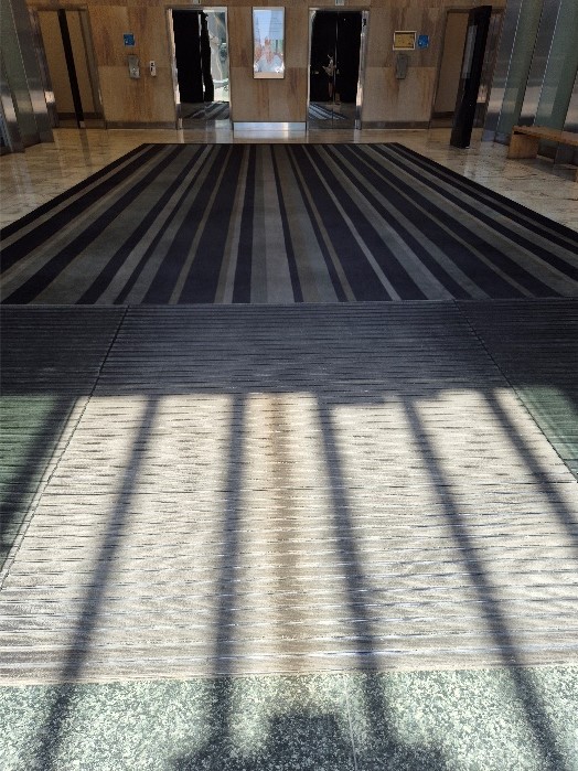 Interior lobby of a modern office building featuring polished stone flooring, a large striped entrance mat, and three elevator doors at the far end. Sunlight filters through the glass entrance behind the photographer, casting strong linear shadows across the floor and creating a geometric pattern leading towards the lifts.