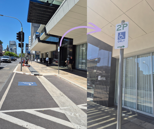 Side-by-side images showing accessible parking outside a modern office building. The left image shows a designated accessible parking bay located directly in front of the building entrance, highlighted with a wheelchair symbol painted on the road. The right image shows the nearby accessible parking sign, indicating the reserved space is for permit holders only. A purple arrow points from the parking bay to the sign.
