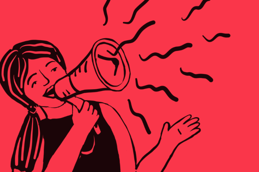 Illustration of a person speaking into a megaphone, with sound waves radiating outward. The image uses a bold red background with black line art, symbolising communication, advocacy, public speaking, or raising awareness.