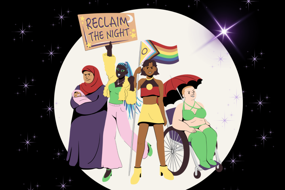 Illustration of a diverse group of women and gender-diverse people standing together under a night sky for Reclaim the Night. One person holds a 