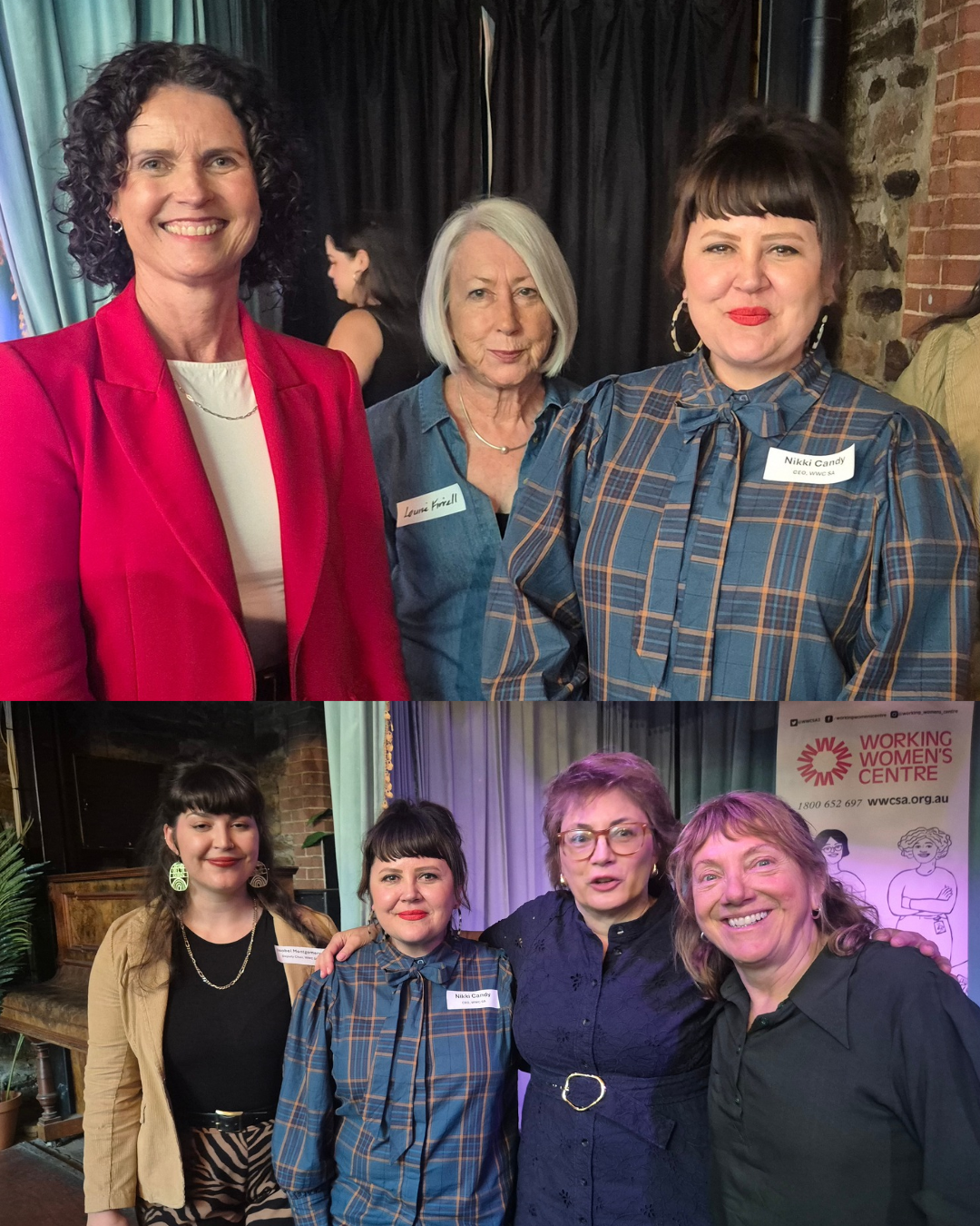 Photo 1 (L–R): Hon. Sarah Andrews MP; Louise Firrell, WWC SA Board Member; and Nikki Candy, WWC SA CEO. Photo 2 (L–R): Isobel Montgomery, Deputy Chair of the WWC SA Management Board; Nikki Candy, WWC SA CEO; Hon. Michelle Lensink MLC; and Ann-Marie Hayes, Chair of the WWC SA Management Board.