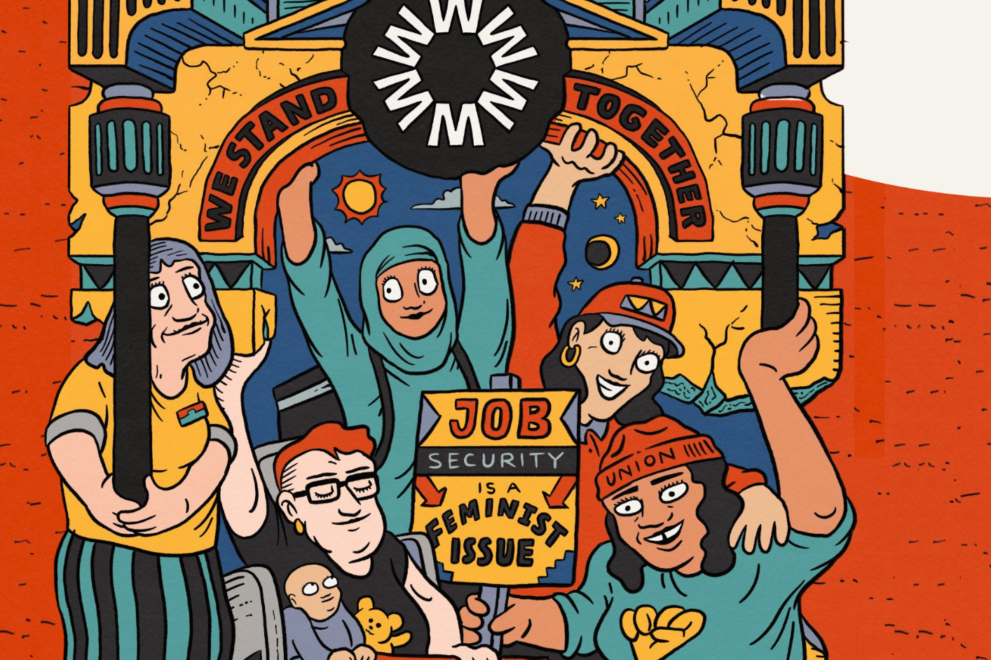 Cover of the Working Women’s Centre SA Annual Report 2025–26, featuring colourful artwork by Sam Wallman. The illustration depicts five diverse women standing together beneath an arch reading “We Stand Together”, holding signs advocating for job security and an end to workplace sexual harassment. The Working Women’s Centre SA logo appears at the top, alongside the report title and reporting period, 1 July 2025 to 30 June 2026.
